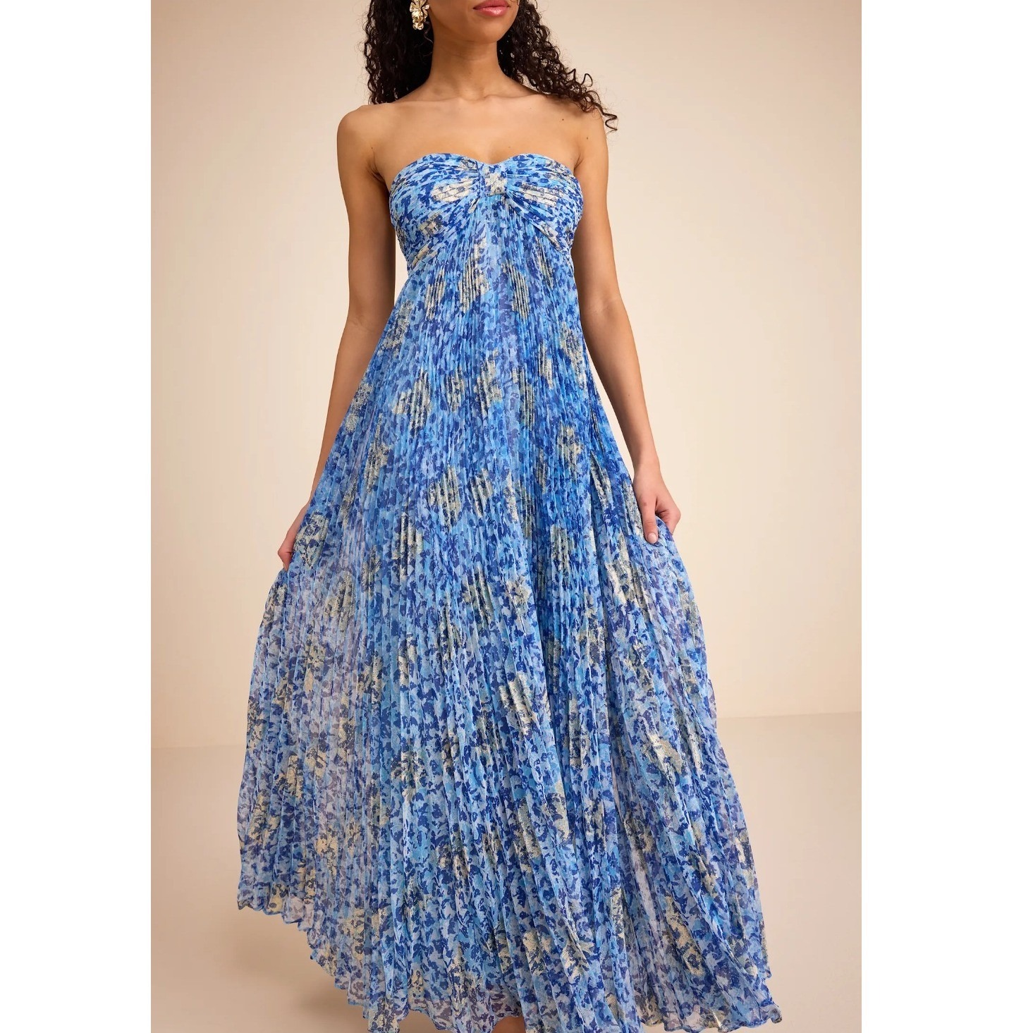 Lulus Lynwen Blue Abstract Pleated Strapless Flowy Maxi Dress Size Small New